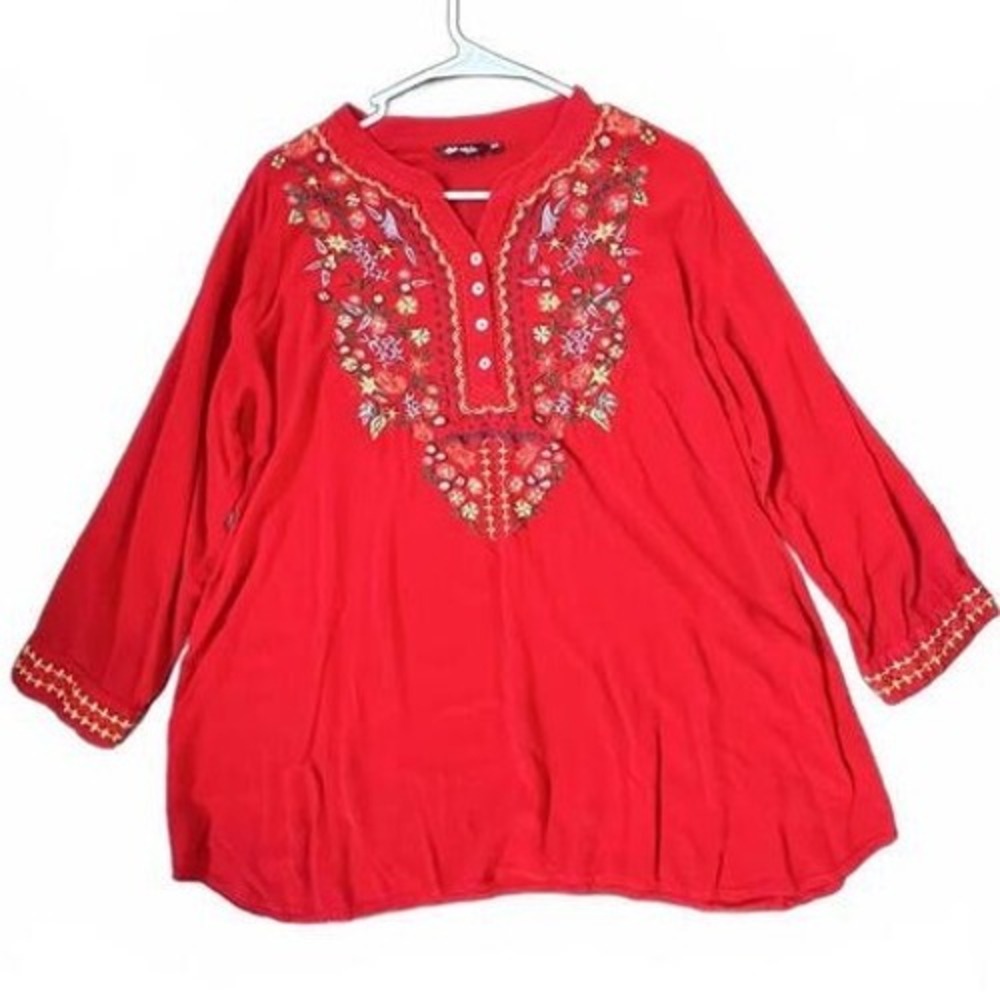 64 Sixty Five Tunic Top Red Embroidered Boho V-Neck 3/4 Sleeve XXL